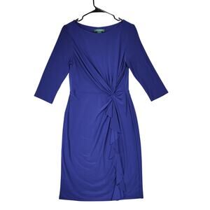 Lauren‎ Ralph Lauren Midi Dress 8 Women Royal Blue Knot Ruffle Front 3/4 Sleeve